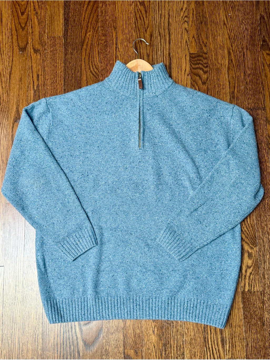 Men's Heather Light Blue 100% Wool Half-Zip Knit Sweater
